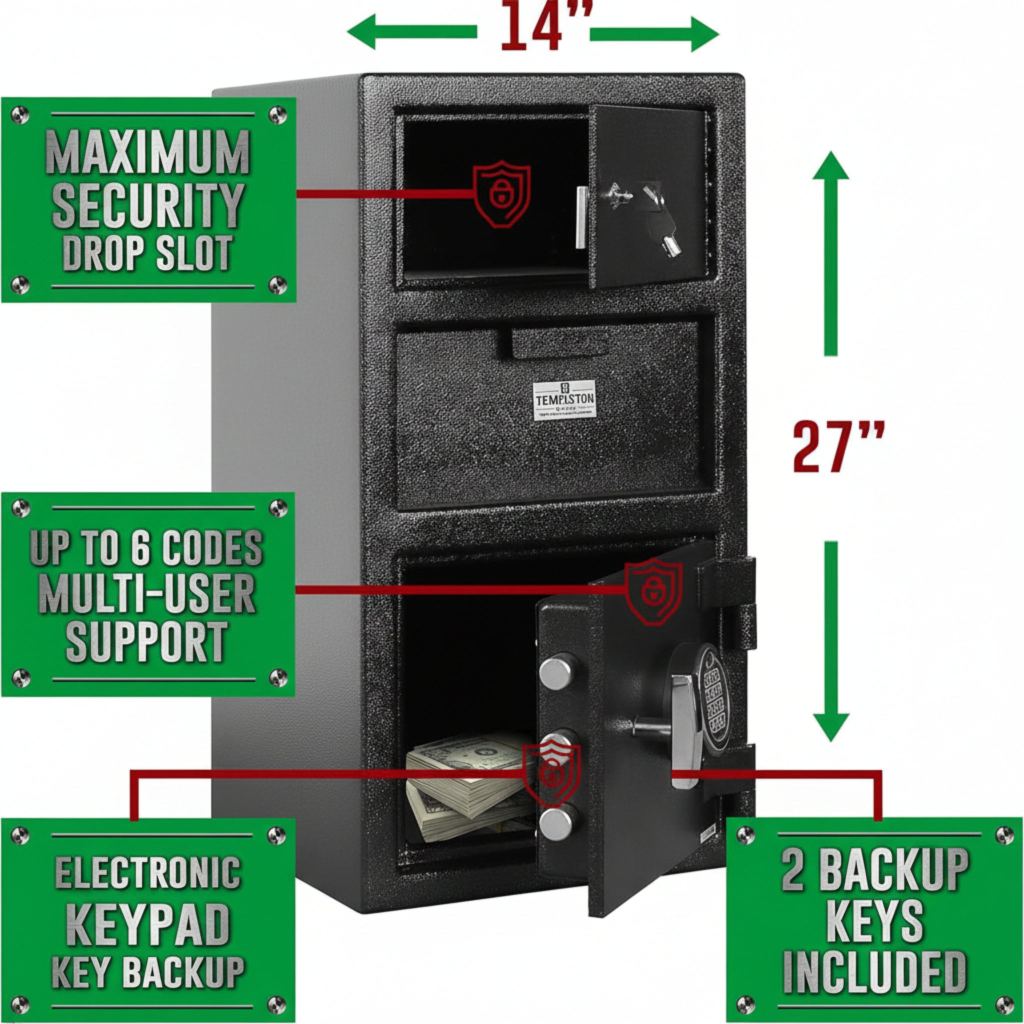 T867 Standard Depository Drop Safe & Lock Box, Electronic Multi-User Keypad Combination Lock with Key Backup, anti Fishing Security, 1.5 CBF Black