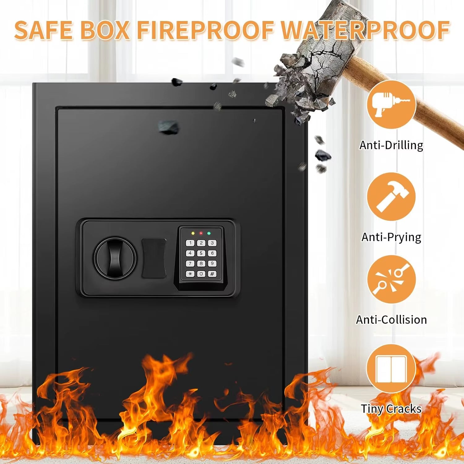 3.0 Cub Large Home Safes Fireproof Wterproof, Anti-Theft Fireproof Safe with Programmable Keypad, Spare Keys and Alarm Systerm,
