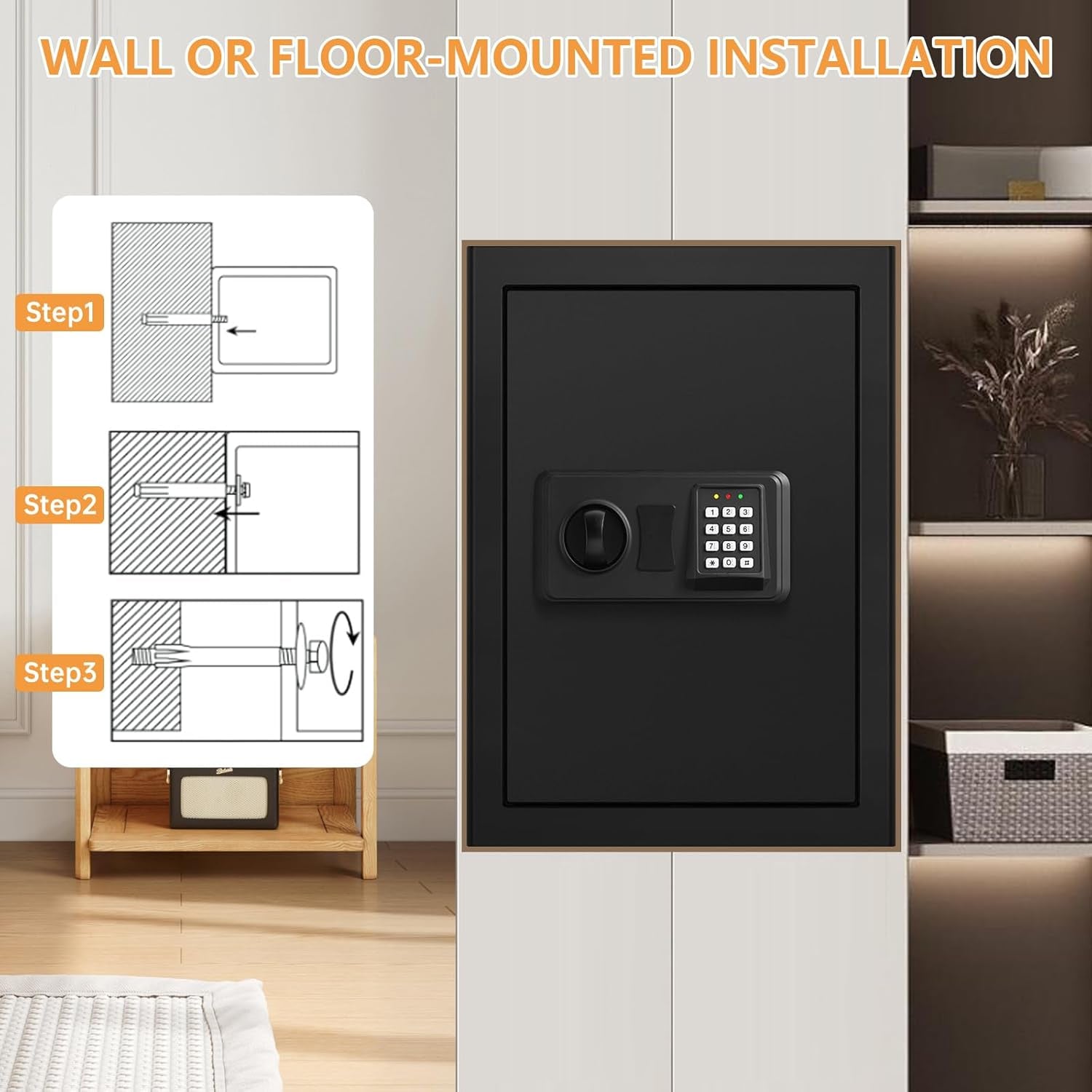 3.3 Cuft Large Home Safes Water and Fireproof, Fire Proof Safes for Home Use, Anti-Theft Security Safe Box with Digital Keypad & Removable Shelf and Led Light, Money Safes for Documents Valuables