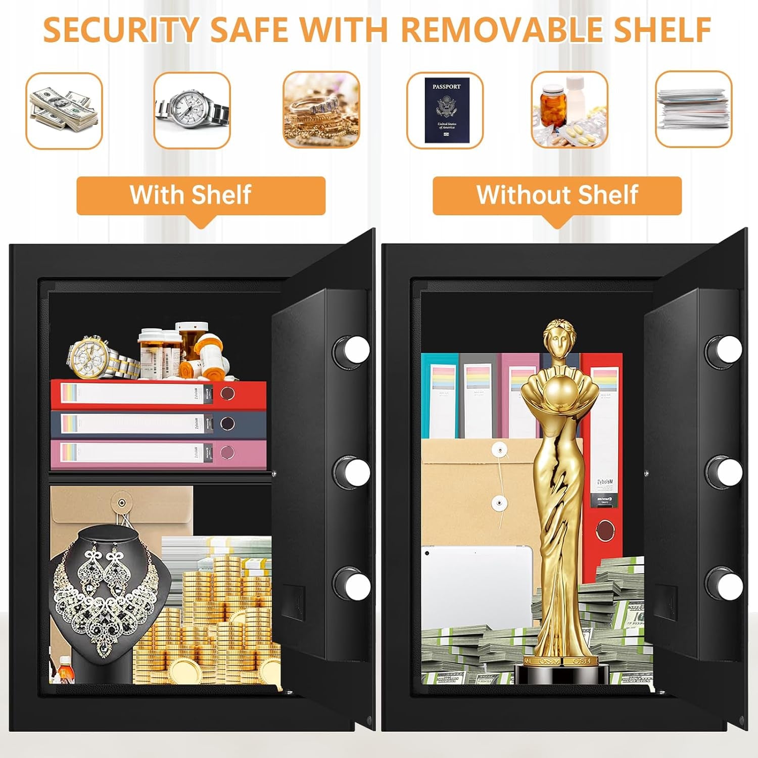 3.3 Cuft Large Home Safes Water and Fireproof, Fire Proof Safes for Home Use, Anti-Theft Security Safe Box with Digital Keypad & Removable Shelf and Led Light, Money Safes for Documents Valuables