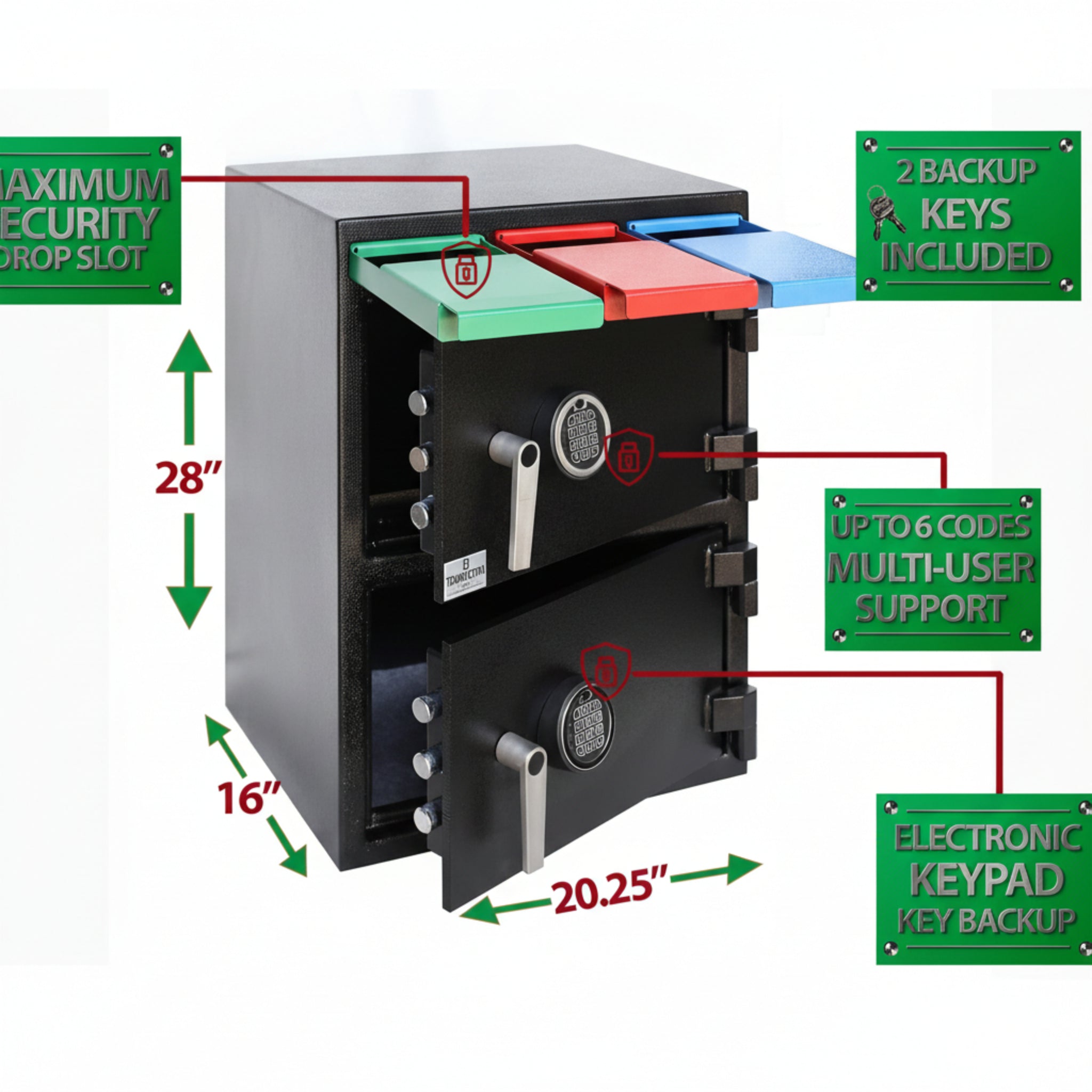 T 868 Two Door Multi-User Depository Drop Safe with Electronic Locks & Segregated Drop Slots, 2.88 CBF